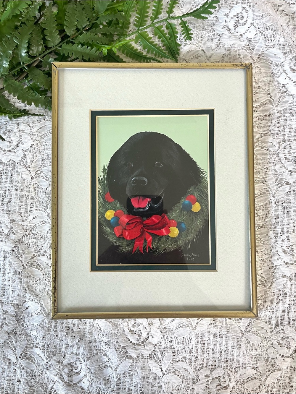 Brass Framed Dawn Baker Festive Newfoundland Dog Portrait